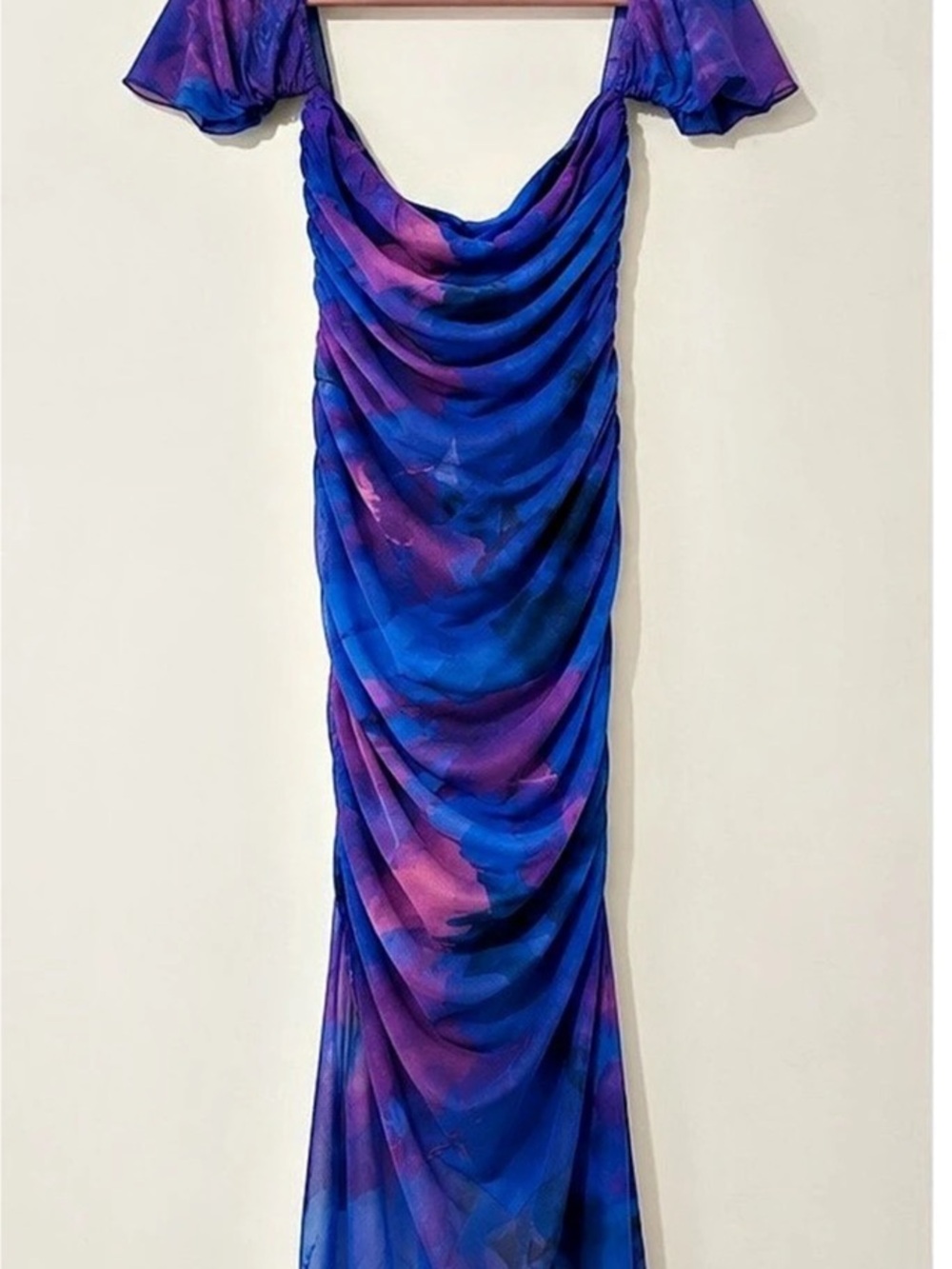 Blue & Purple Ruched Mesh Maxi Dress – Cowl Neck – Size 8/10 - Like New